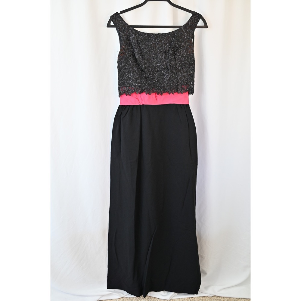 Vintage Union Made Black Pink Lace Bodice Evening Gown Formal Dress Size 13